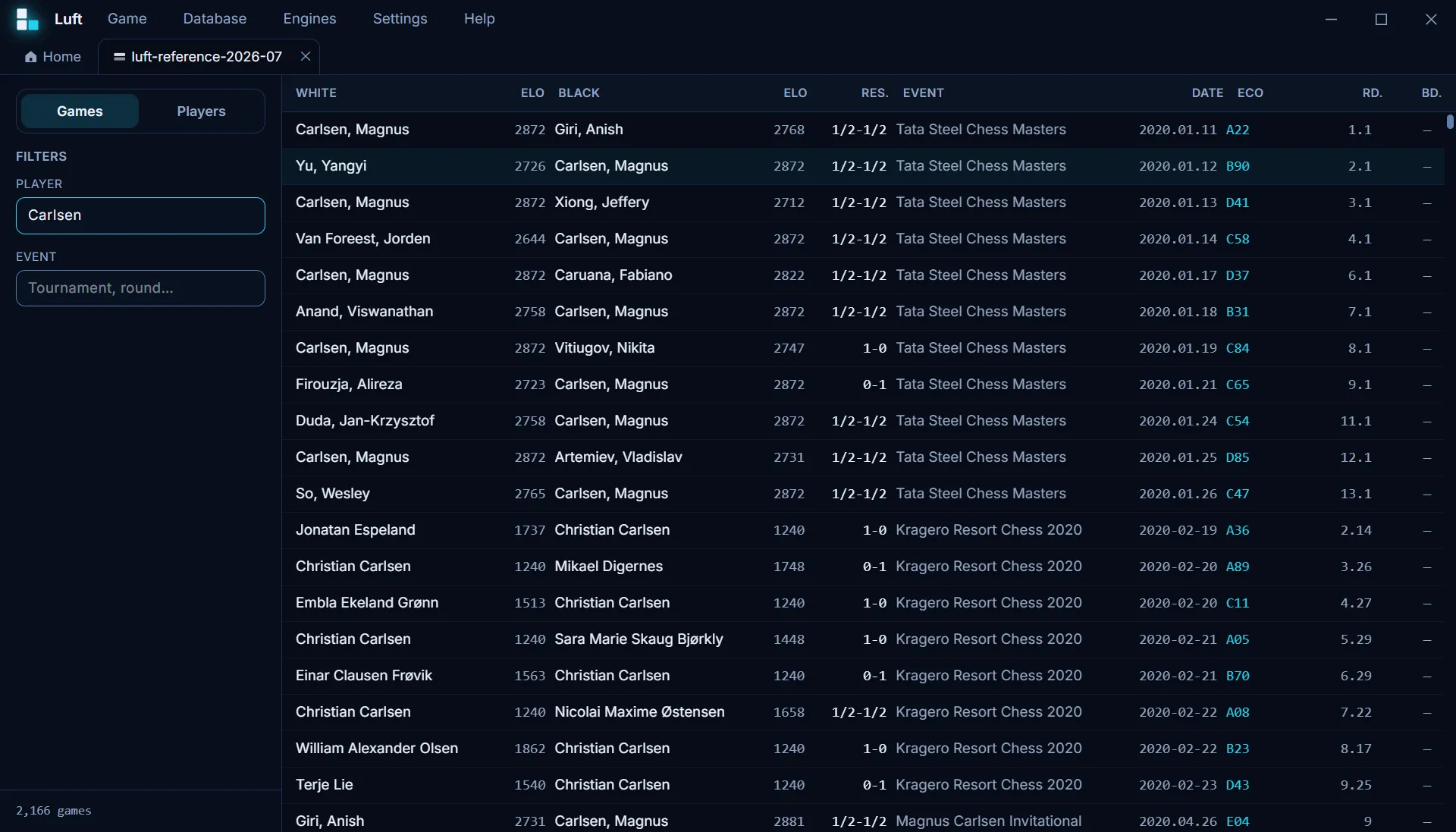 Games list filtered by player