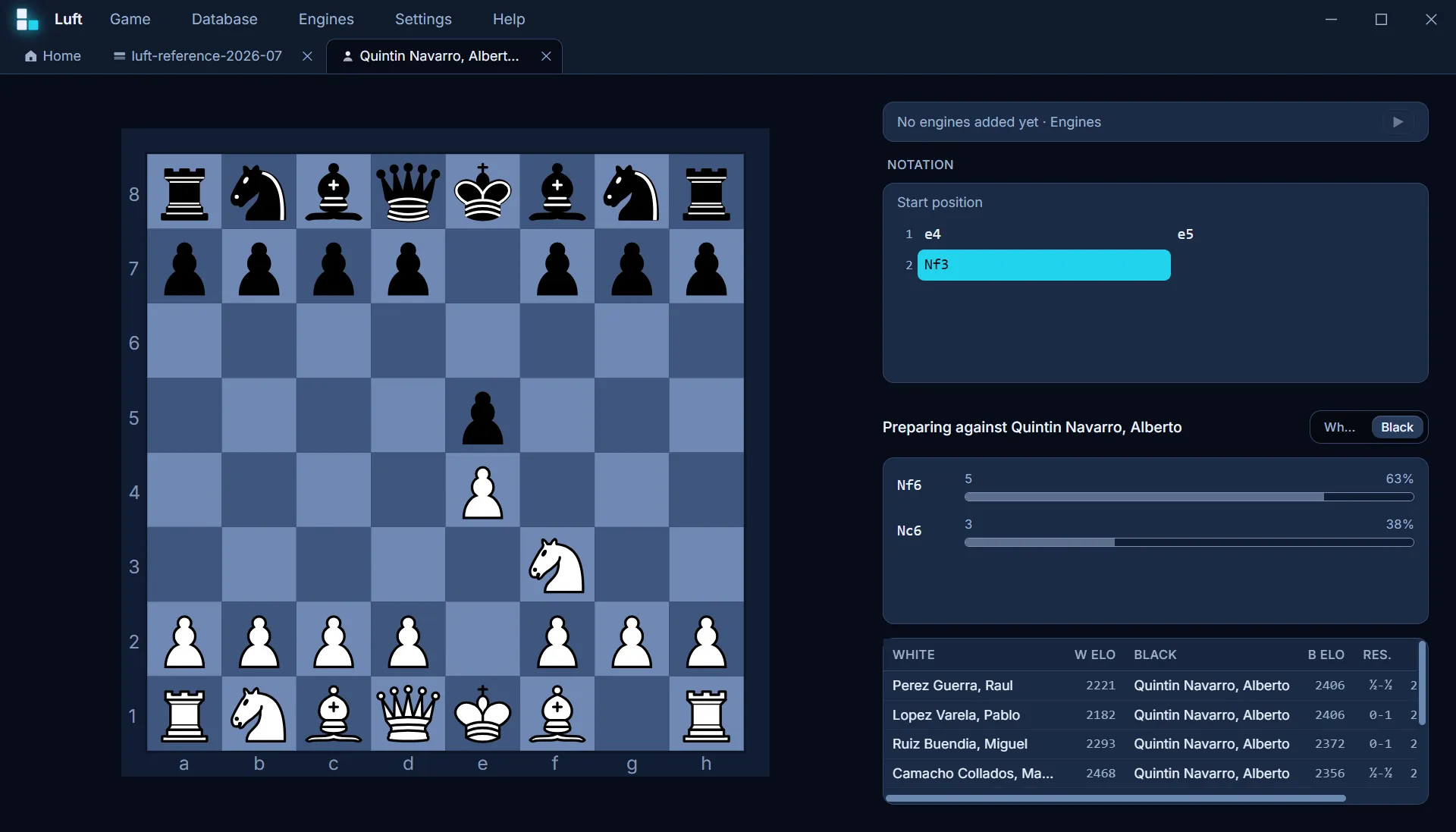Preparation against Quintin Navarro, Alberto as Black after e4 e5 Nf3